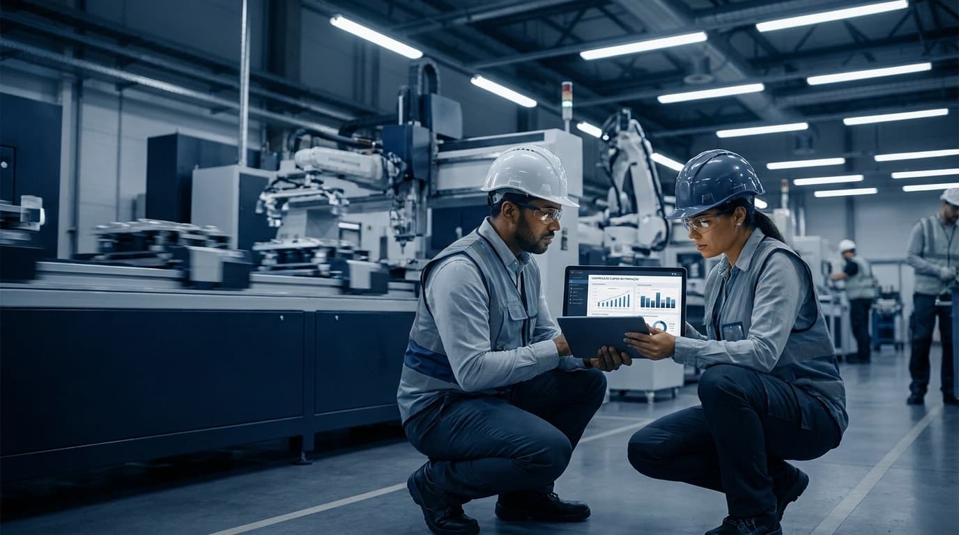 Gestor industrial e engenheira analisando custos de produção no chão de fábrica