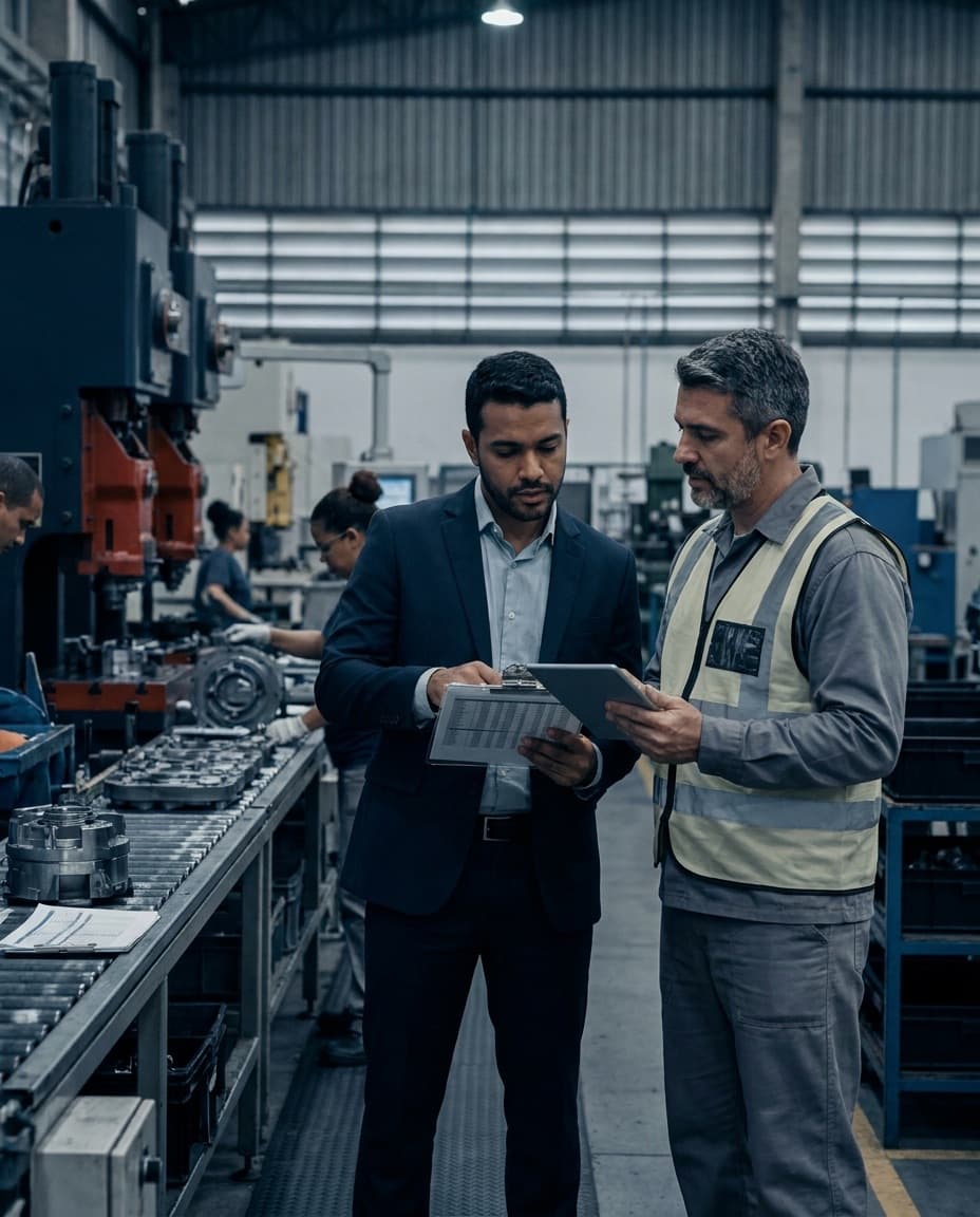 Contador de custos da MECCAH revisando relatórios de produção com gestor industrial