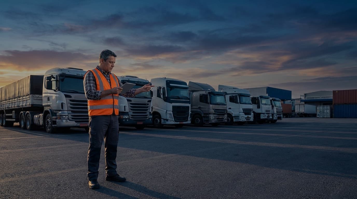 Gestor de transportadora conferindo a operação no pátio com a frota de caminhões ao fundo