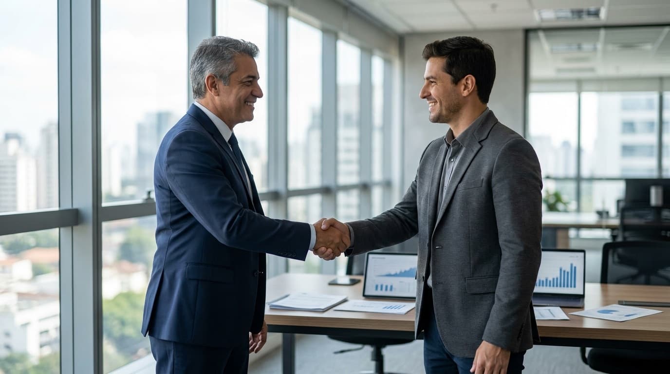 Empresário firmando parceria e apertando a mão de um novo contador da MECCAH em São Paulo