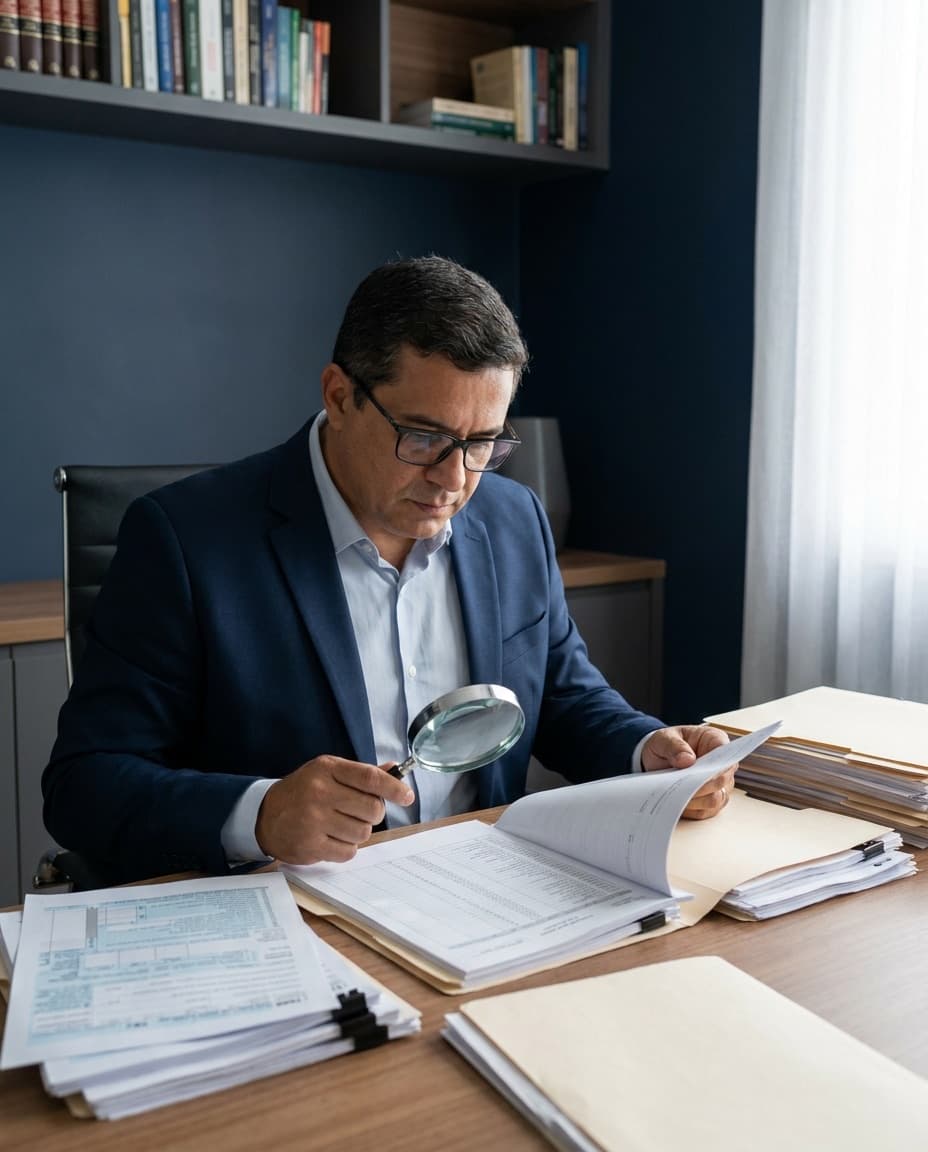 Contador da MECCAH revisando documentos fiscais no diagnóstico de passivos da migração